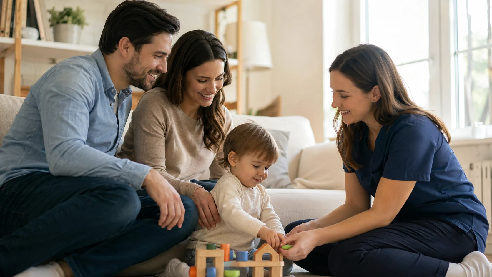 Familia tranquila con nana en casa