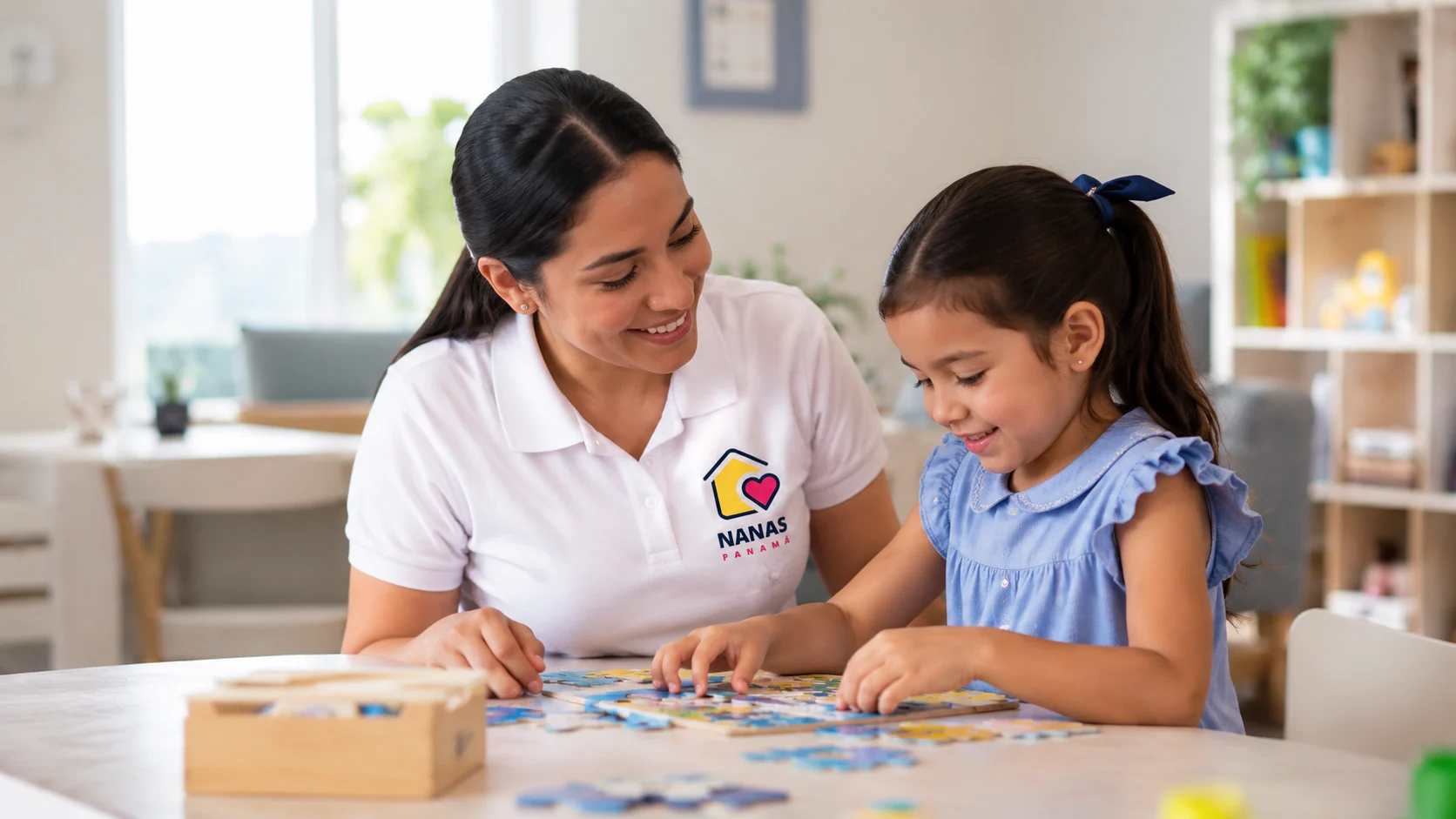 Nana acompañando a una niña en actividad educativa